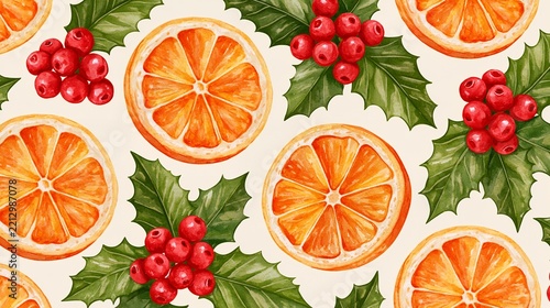 Decorative holiday seamless pattern featuring hand painted dried orange slices and green holly leaves with vibrant red berries for festive projects