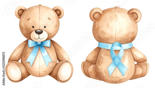 Cute Watercolor Teddy Bear Wearing a Blue Ribbon
