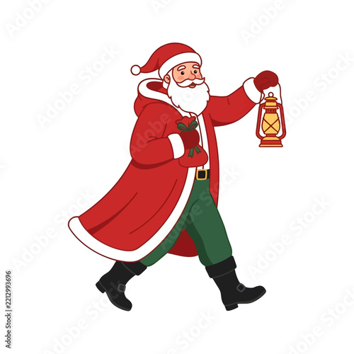 Santa Claus Holding a Vintage Christmas Lantern and Gift Sack
