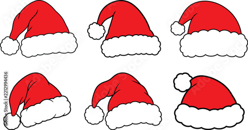 Set of six different red santa claus hats with white fur trim