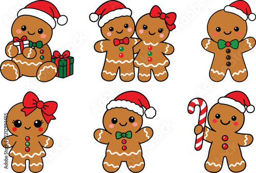 Set of cute gingerbread man and woman characters with christmas hats, gifts, and candy cane