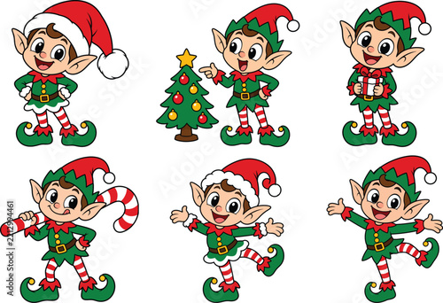 Set of cute christmas elves in various poses and actions