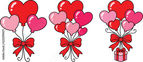 Set of three heartshaped balloon bouquets with ribbons and a gift box, festive valentines day decorations for romantic greeting cards and designs