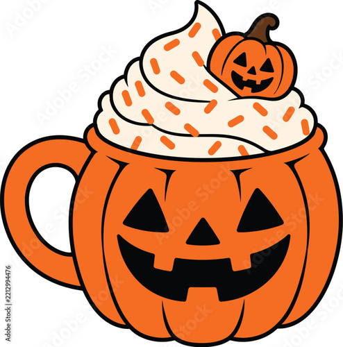 Cute pumpkin mug with whipped cream and a small jackolantern topper, perfect for fall, autumn, halloween, and thanksgiving seasonal designs