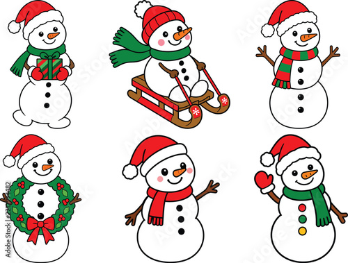 Set of cute cartoon snowmen characters wearing santa hats and scarves, celebrating christmas and winter holidays