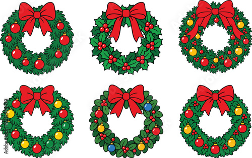 Set of six festive christmas wreaths decorated with red ribbons, colorful ornaments, and holly berries