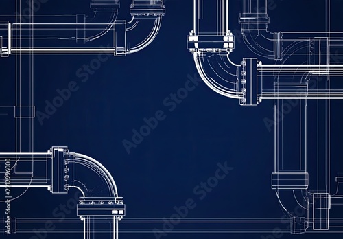 Blueprint illustration of white pipes and fittings against a dark blue background