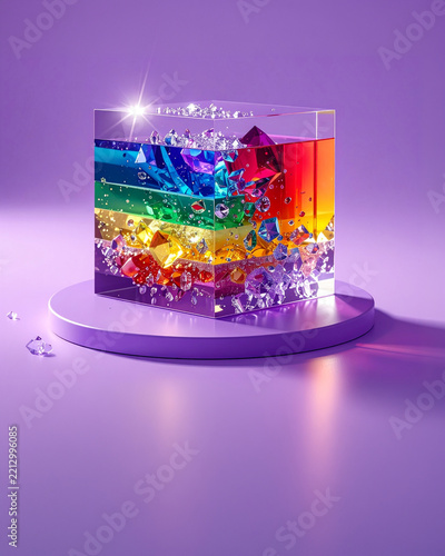 Layered glass prism cube showcasing a vibrant spectrum on a purple display stand, ideal for creative branding, digital product design, aesthetic social media content, and colorful 3D art campaigns.