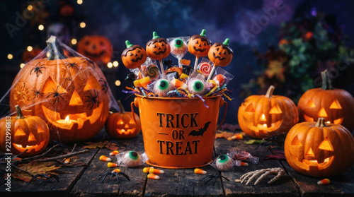 Festive orange trick or treat bucket overflowing with halloween candies and spooky pumpkin cake pops surrounded by glowing jack o lanterns.