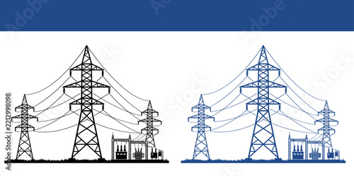 Black and white line drawing of four electric power transmission towers of different sizes connected by wires on a simple minimal design style