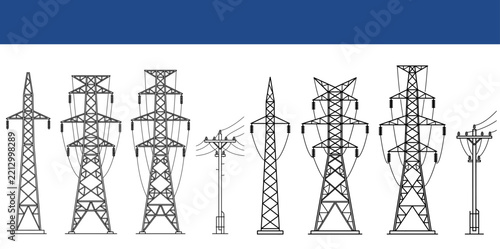 Power line and transmission tower set with utility poles and high voltage cables. Industrial energy infrastructure collection ideal for electricity grid engineering and technology themes. Clean vector