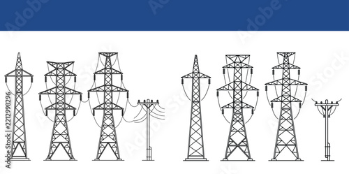Black silhouettes of high voltage electrical transmission towers on white background