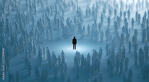 Solitary figure illuminated amidst a faceless crowd