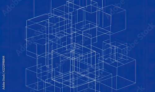 Wireframe cube structures overlayed on a deep blue gradient background