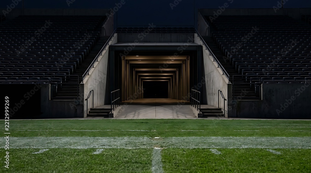 Fototapeta premium Pixel art sports stadium tunnel entrance with green grass field in front of a dark grandstand at night during a game match