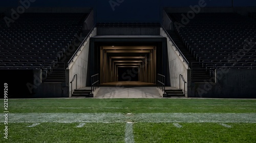 Pixel art sports stadium tunnel entrance with green grass field in front of a dark grandstand at night during a game match