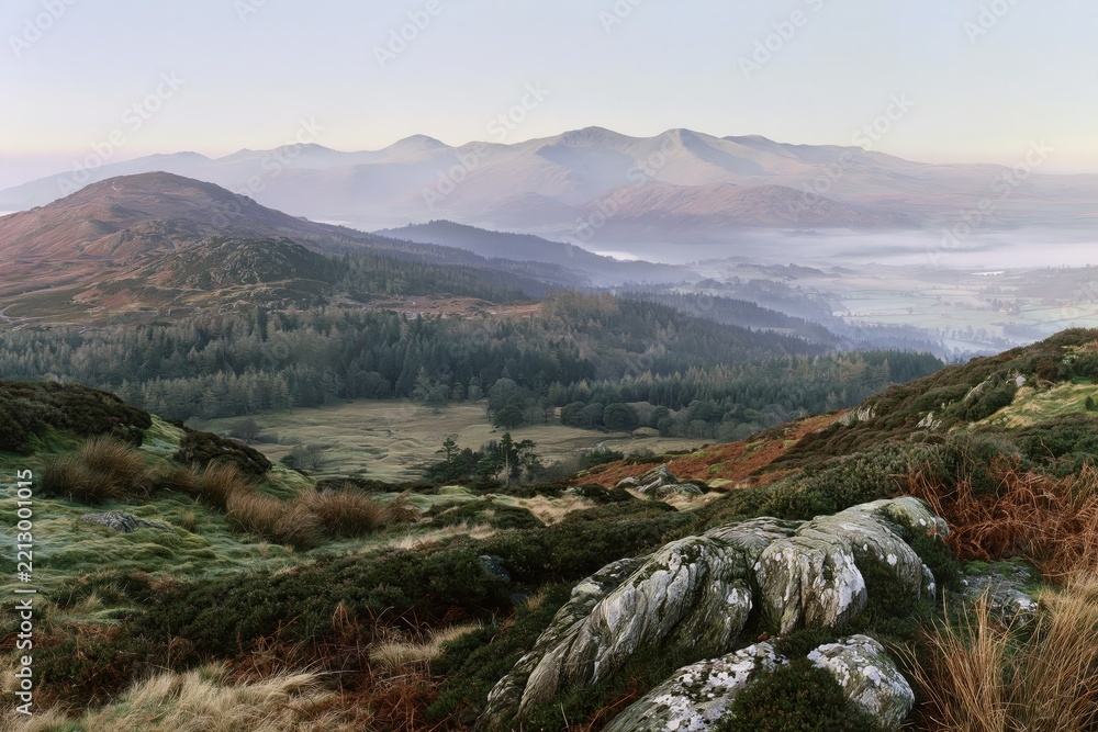 Fototapeta premium Misty Mountain Landscape with Forest and Rocky Foreground
