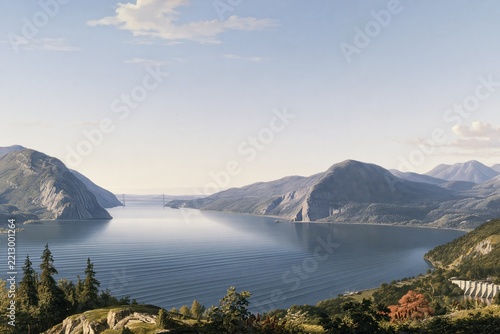 Mountain landscape with fjord, bridge, and dam