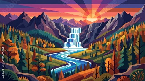 Flat Vector Mountain Waterfall Landscape at Sunset with Geometric Forest