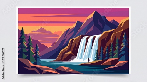 Geometric Mountain Waterfall Flat Vector Illustration in Sunset Colors
