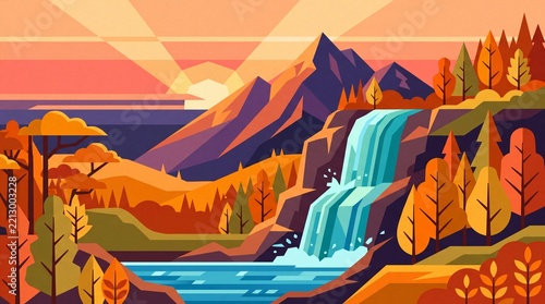 Majestic Mountain Waterfall and Autumn Foliage Flat Vector Illustration