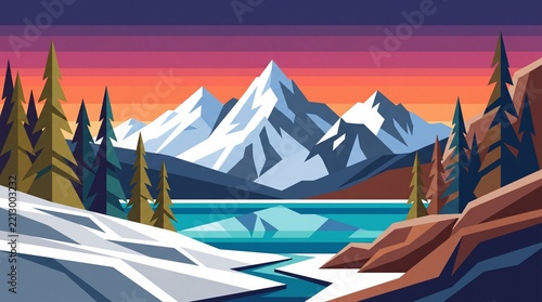 Minimalist Flat Vector Snowy Mountain Landscape with Sharp Geometric Peaks