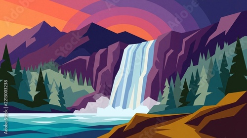 Majestic Mountain Waterfall Flat Vector Illustration