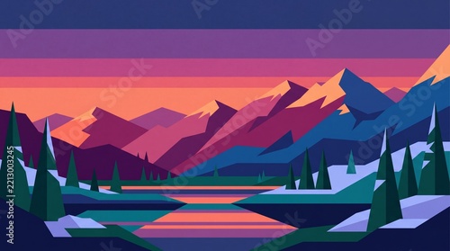 Minimalist Flat Vector Snowy Mountain Landscape at Sunset