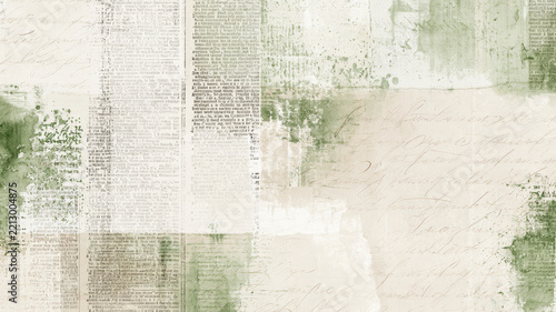 Vintage paper collage with old newspaper print, handwritten script, and distressed green watercolor textures creating an artistic grunge background for creative designs