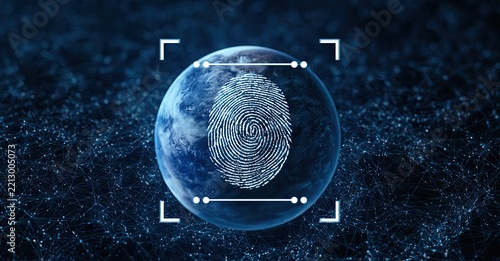 Digital globe with fingerprint overlay, network grid, and scanning reticle