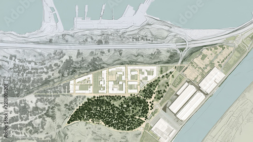 Master plan for mixed use urban development showing residential and commercial blocks, parks, industrial zone, transport links and riverfront in a strategic city layout