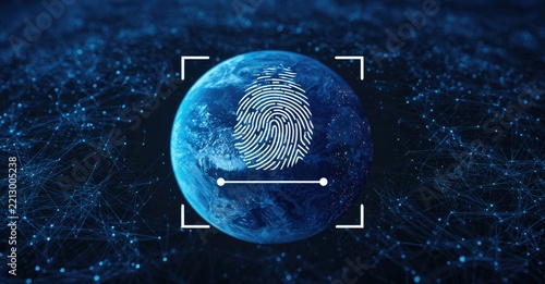 Global digital fingerprint overlay on planet Earth, amidst network nodes