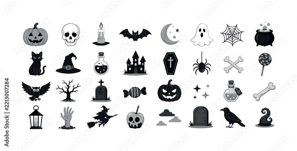 Fototapeta premium Set of monochrome Halloween icons featuring spooky creatures and festive holiday decorations