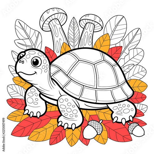 Cute turtle coloring page with autumn leaves mushrooms and acorns