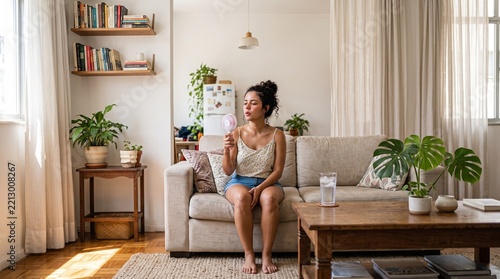 Young woman sitting on sofa fanning herself with a portable fan due to hot weather indoors