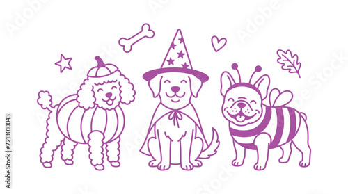 Three cute dogs dressed in halloween costumes including a pumpkin, a wizard, and a bee, illustrated in purple line on white background