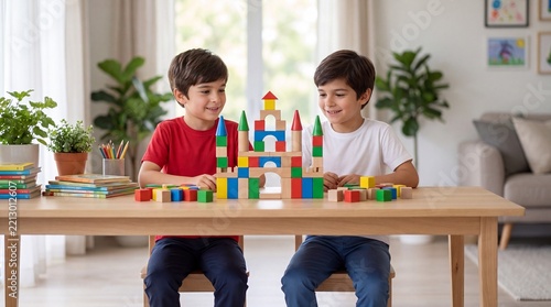 Two focused young children assembling colorful toy blocks at home, encouraging creativity, concentration, fine motor skills, cognitive development, early childhood learning, and problem solving. 