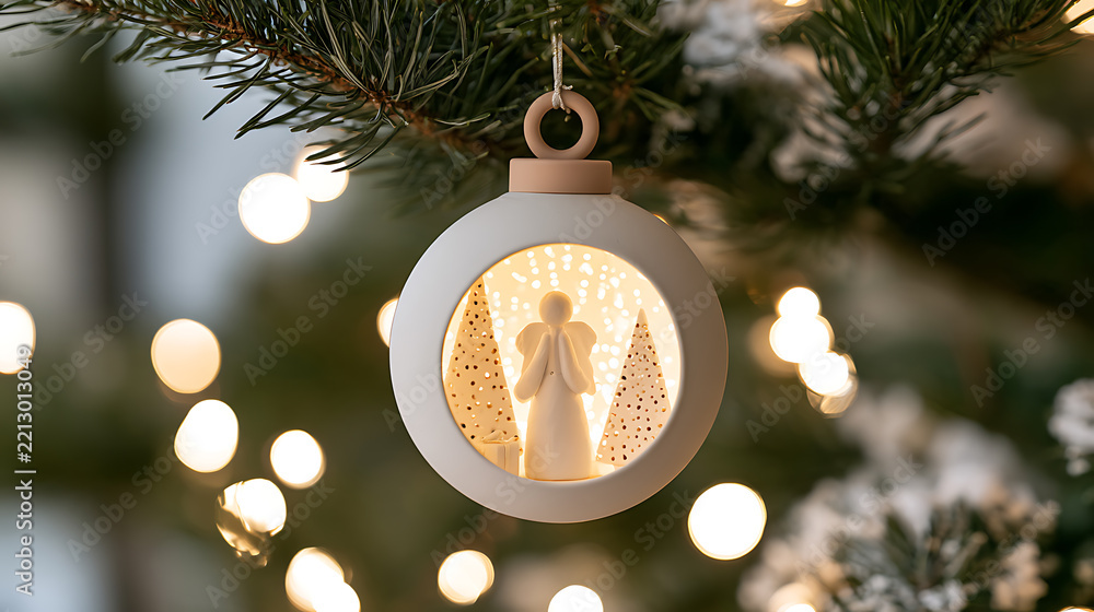 Fototapeta premium Minimalist white christmas bauble ornament hanging on pine tree branch with glowing fairy lights bokeh background festive winter season view