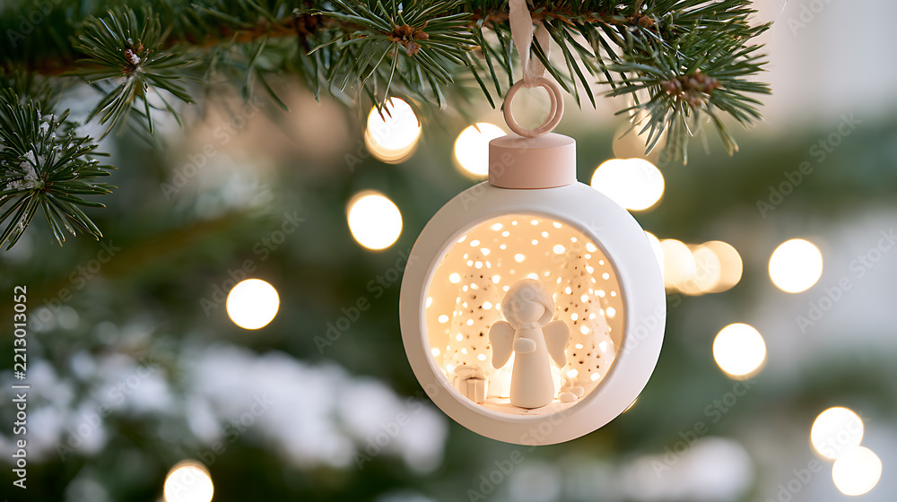 Fototapeta premium Charming white ceramic Christmas ornament with internal glowing angel figurine hang on pine tree branch with bokeh light background glow