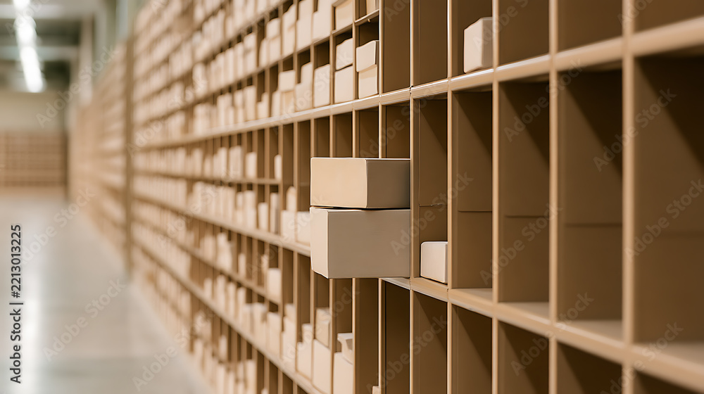 Naklejka premium Large warehouse with wooden shelving units filled with small cardboard boxes and packages organized neatly in rows inside industrial storage space