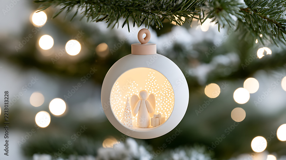 Fototapeta premium Ceramic bauble ornament hanging on pine tree branch with illuminated angel figurine inside for winter holiday decor celebration concept