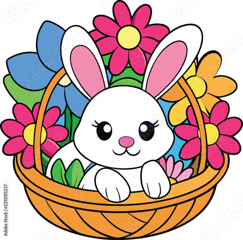 Ultra Cute Chibi Bunny Curled Up in a Basket Colored Vector Illustration