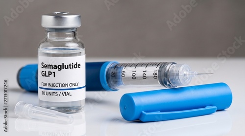 Semaglutide GLP-1 injection vial with syringe pen for diabetes and weight loss treatment