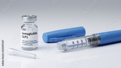 Semaglutide GLP-1 injection vial with syringe pen and needle on white background