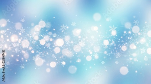 A dreamy blue background with soft bokeh and sparkling white snowflakes gently scattered across the image, abstract cozy background for kids