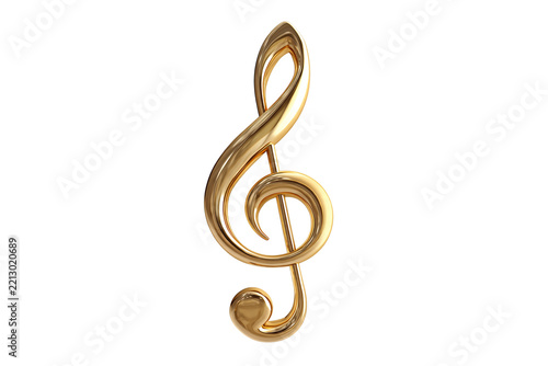 Gold metallic treble clef music symbol  with musical note isolated on white background, Clipping Path, png