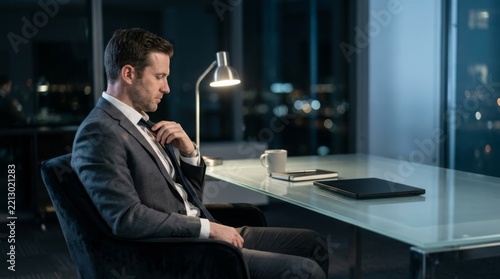 Businessman loosening tie in modern office at night, profile view, working late, corporate concept, copy space