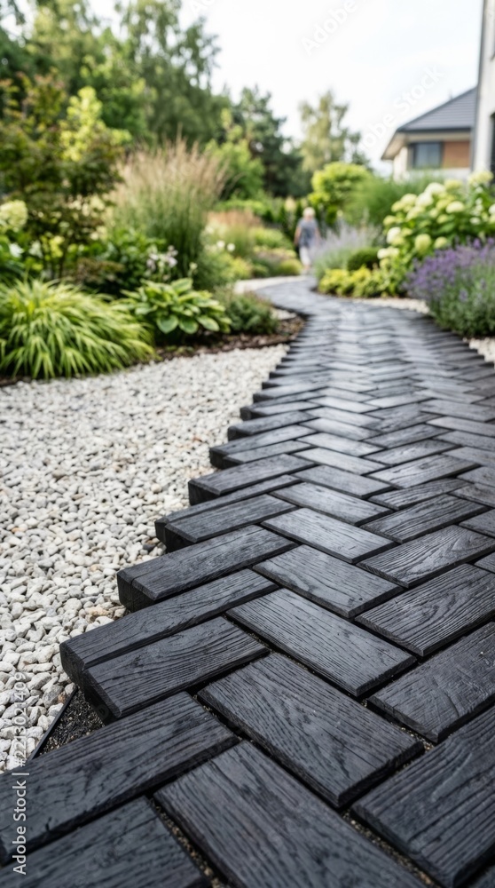 Fototapeta premium Dark wood herringbone garden path with gravel and lush greenery, offering copy space for outdoor advertising.