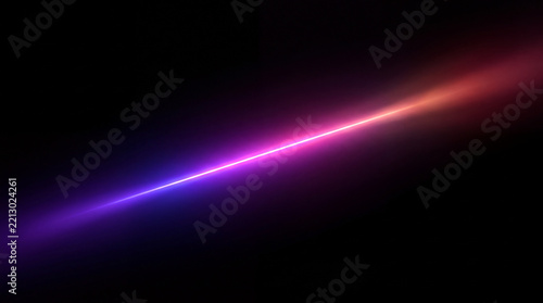 A vibrant diagonal beam of neon light, transitioning from purple to pink and orange, glows against a deep black background.