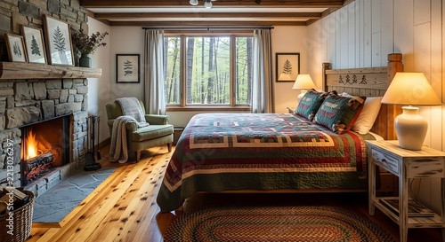 Cozy bedroom interior with stone fireplace and warm lighting
